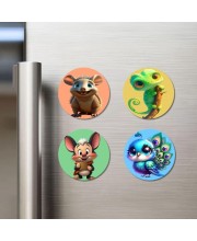 Opossum, Chameleon, Mouse, and Peacock. Fridge Magnets 4 Piece Set | 3 Inch Round Wall Fridge Decor (F22983)