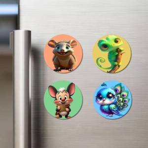 Opossum, Chameleon, Mouse, and Peacock. Fridge Magnets 4 Piece Set | 3 Inch Round Wall Fridge Decor (F22983)
