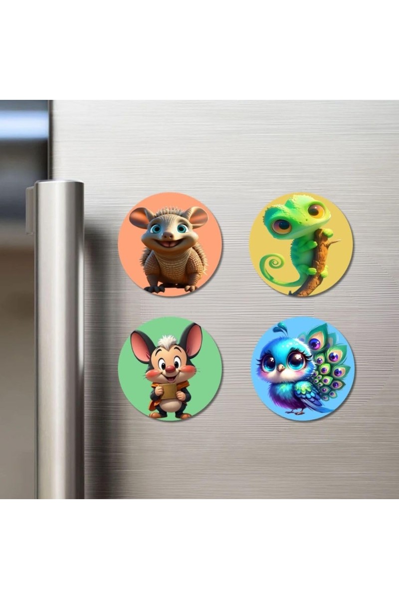 Opossum, Chameleon, Mouse, and Peacock. Fridge Magnets 4 Piece Set | 3 Inch Round Wall Fridge Decor (F22983)