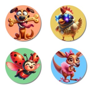 Dog, Chicken, Ladybug, and Kangaroo. Fridge Magnets 4 Piece Set | 3 Inch Round Wall Fridge Decor (F22996) Dog, Chicken, Ladybug, and Kangaroo. Fridge Magnets 4 Piece Set | 3 Inch Round Wall Fridge Decor (F22996)