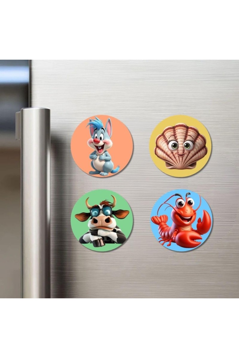 Rabbit, Shell, Cow, and Lobster. Fridge Magnets 4 Piece Set | 3 Inch Round Wall Fridge Decor (F22979)