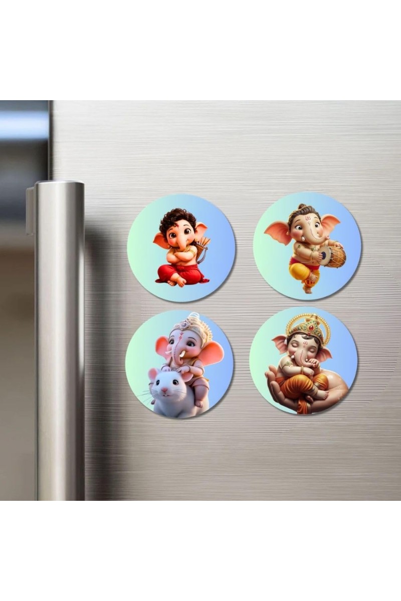 Hanuman, Ganesha, Rama, and Krishna. Fridge Magnets 4 Piece Set | 3 Inch Round Wall Fridge Decor (F23205)
