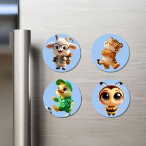 Goat, Tiger, Duck, and Bee. Fridge Magnets 4 Piece Set | 3 Inch Round Wall Fridge Decor (F23088)