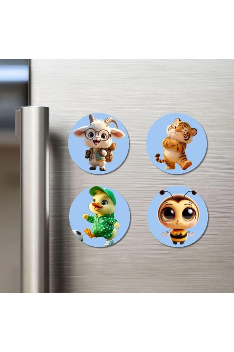 Goat, Tiger, Duck, and Bee. Fridge Magnets 4 Piece Set | 3 Inch Round Wall Fridge Decor (F23088)