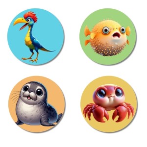 Bird, Pufferfish, Seal, and Crab. Fridge Magnets 4 Piece Set | 3 Inch Round Wall Fridge Decor (F22942)