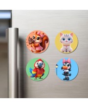 Squirrel, Cat, Parrot, and Toucan. Fridge Magnets 4 Piece Set | 3 Inch Round Wall Fridge Decor (F23027)