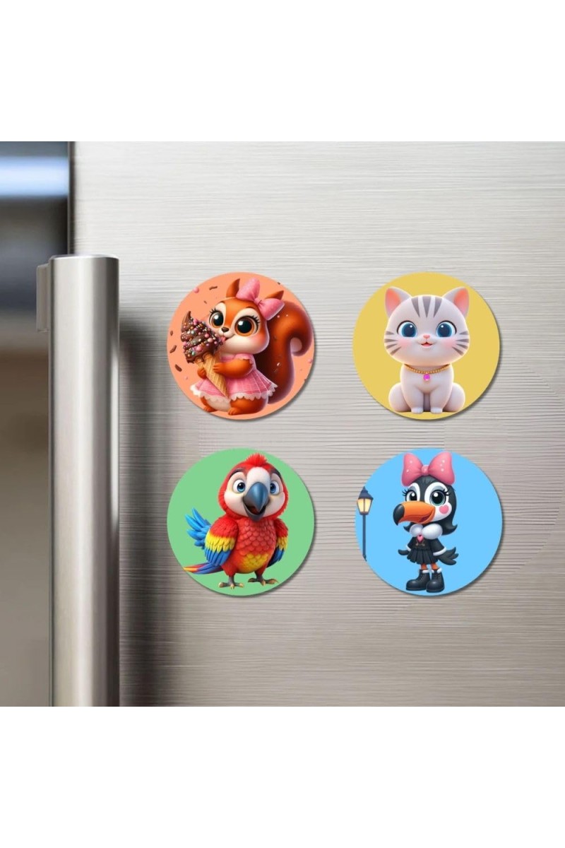 Squirrel, Cat, Parrot, and Toucan. Fridge Magnets 4 Piece Set | 3 Inch Round Wall Fridge Decor (F23027)