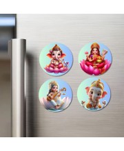 Lakshmi, Ganesha, Rama, and Saraswati. Fridge Magnets 4 Piece Set | 3 Inch Round Wall Fridge Decor (F22778)