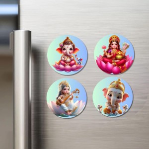 Lakshmi, Ganesha, Rama, and Saraswati. Fridge Magnets 4 Piece Set | 3 Inch Round Wall Fridge Decor (F22778)