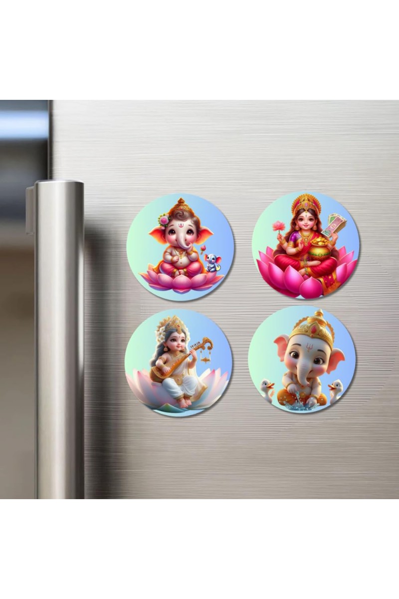 Lakshmi, Ganesha, Rama, and Saraswati. Fridge Magnets 4 Piece Set | 3 Inch Round Wall Fridge Decor (F22778)