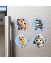 Capybara, Turtle, Chick, and Rabbit. Fridge Magnets 4 Piece Set | 3 Inch Round Wall Fridge Decor (F23098)