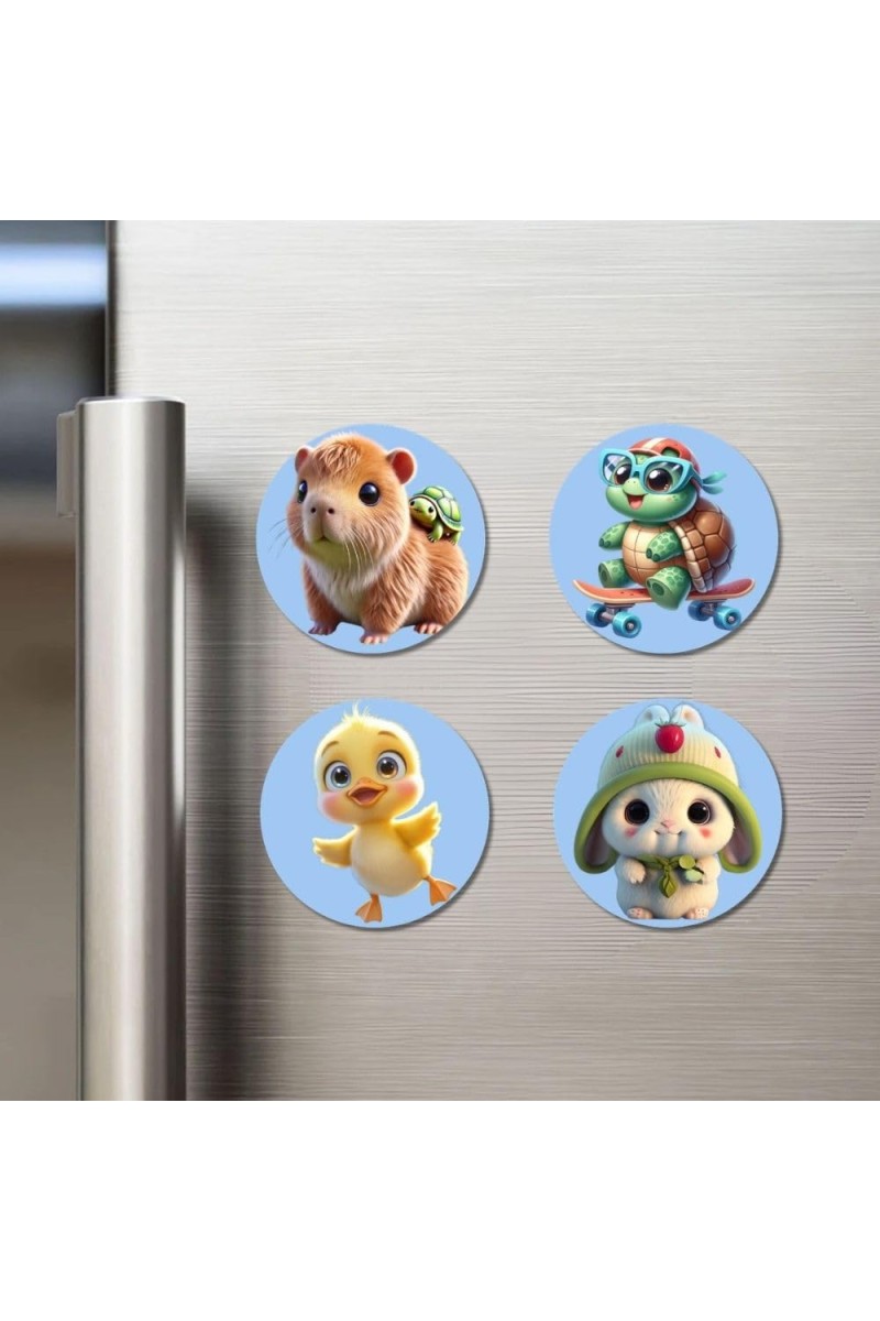 Capybara, Turtle, Chick, and Rabbit. Fridge Magnets 4 Piece Set | 3 Inch Round Wall Fridge Decor (F23098)