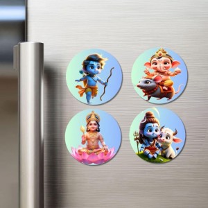 Rama, Ganesha, Lakshmi, Shiva Fridge Magnets 4 Piece Set | 3 Inch Round Wall Fridge Decor (F23175)