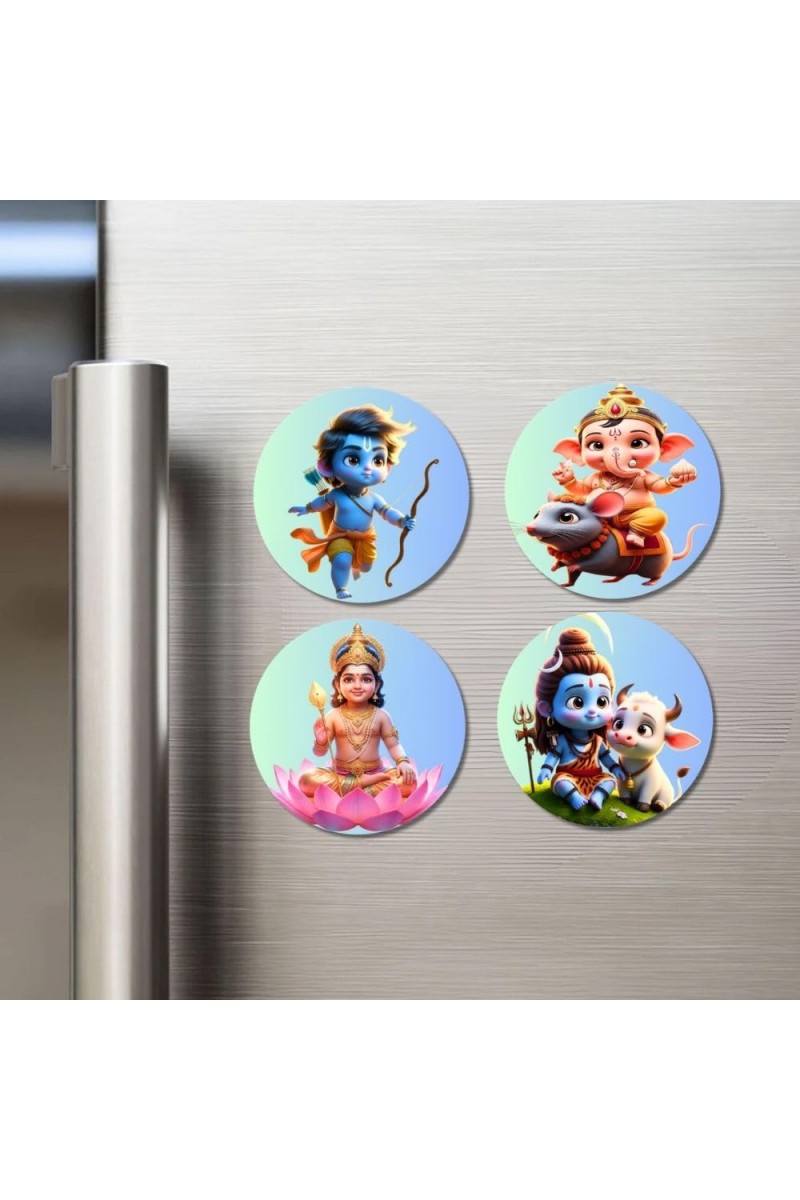 Rama, Ganesha, Lakshmi, Shiva Fridge Magnets 4 Piece Set | 3 Inch Round Wall Fridge Decor (F23175)