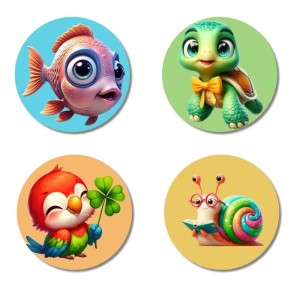Fish, Turtle, Parrot, and Snail. Fridge Magnets 4 Piece Set | 3 Inch Round Wall Fridge Decor (F22914) Fish, Turtle, Parrot, and Snail. Fridge Magnets 4 Piece Set | 3 Inch Round Wall Fridge Decor (F22914)