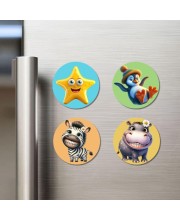 Starfish, Penguin, Zebra, and Hippo. Fridge Magnets 4 Piece Set | 3 Inch Round Wall Fridge Decor (F22938)
