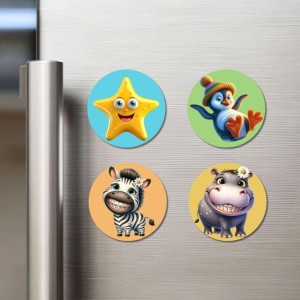 Starfish, Penguin, Zebra, and Hippo. Fridge Magnets 4 Piece Set | 3 Inch Round Wall Fridge Decor (F22938)