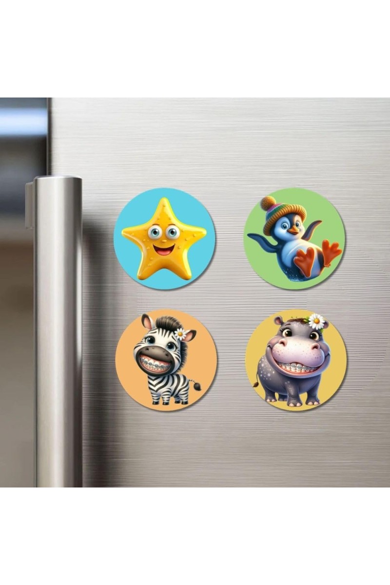 Starfish, Penguin, Zebra, and Hippo. Fridge Magnets 4 Piece Set | 3 Inch Round Wall Fridge Decor (F22938)