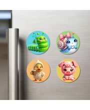 Caterpillar, Snail, Chick, and Pig. Fridge Magnets 4 Piece Set | 3 Inch Round Wall Fridge Decor (F22878)
