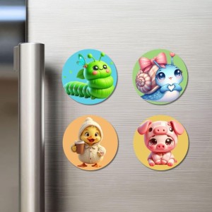 Caterpillar, Snail, Chick, and Pig. Fridge Magnets 4 Piece Set | 3 Inch Round Wall Fridge Decor (F22878)