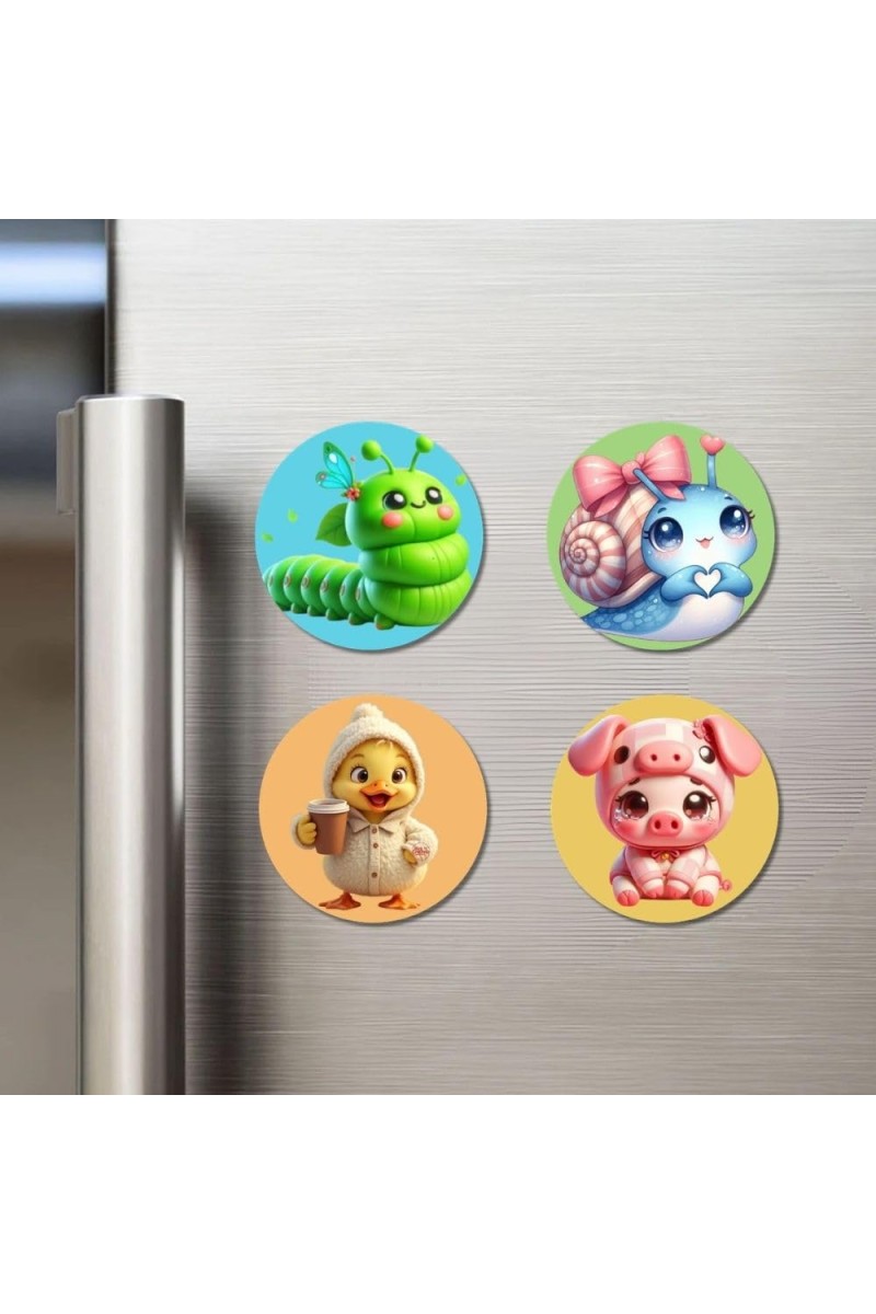 Caterpillar, Snail, Chick, and Pig. Fridge Magnets 4 Piece Set | 3 Inch Round Wall Fridge Decor (F22878)