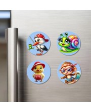 Stork, Snail, Duck, and Monkey. Fridge Magnets 4 Piece Set | 3 Inch Round Wall Fridge Decor (F23065)