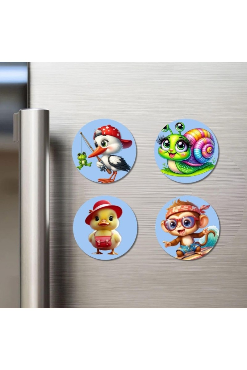 Stork, Snail, Duck, and Monkey. Fridge Magnets 4 Piece Set | 3 Inch Round Wall Fridge Decor (F23065)