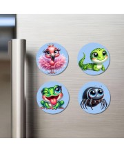 Flamingo, Lizard, Frog, and Spider. Fridge Magnets 4 Piece Set | 3 Inch Round Wall Fridge Decor (F23067)