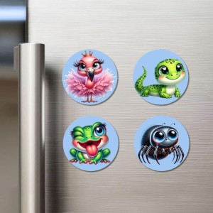 Flamingo, Lizard, Frog, and Spider. Fridge Magnets 4 Piece Set | 3 Inch Round Wall Fridge Decor (F23067) Flamingo, Lizard, Frog, and Spider. Fridge Magnets 4 Piece Set | 3 Inch Round Wall Fridge Decor (F23067)