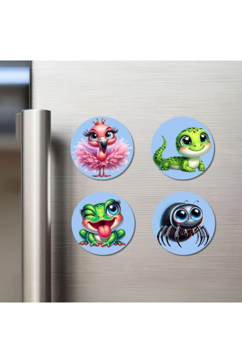 Flamingo, Lizard, Frog, and Spider. Fridge Magnets 4 Piece Set | 3 Inch Round Wall Fridge Decor (F23067)