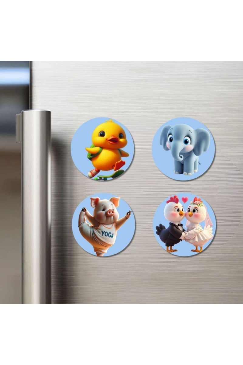 Duckling, Elephant, Pig, Chickens Fridge Magnets 4 Piece Set | 3 Inch Round Wall Fridge Decor (F23166)