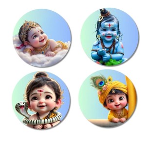 Ganesha, Rama, and Shiva. Fridge Magnets 4 Piece Set | 3 Inch Round Wall Fridge Decor (F22765)