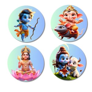 Rama, Ganesha, Lakshmi, Shiva Fridge Magnets 4 Piece Set | 3 Inch Round Wall Fridge Decor (F23175)