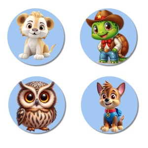 Lion, Turtle, Owl, and Dog. Fridge Magnets 4 Piece Set | 3 Inch Round Wall Fridge Decor (F23082)