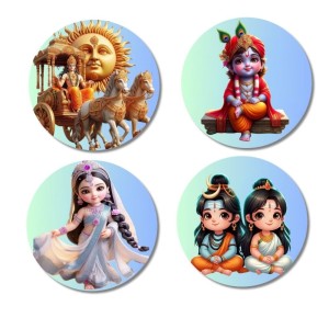 Rama (Surya), Krishna, Radha, Shiva, and Parvati. Fridge Magnets 4 Piece Set | 3 Inch Round Wall Fridge Decor (F22817)