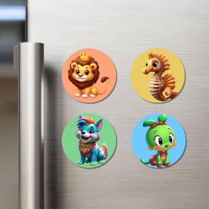 Deer, Elephant, Giraffe, and Rhino. Fridge Magnets 4 Piece Set | 3 Inch Round Wall Fridge Decor (F22966)