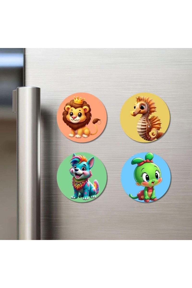 Deer, Elephant, Giraffe, and Rhino. Fridge Magnets 4 Piece Set | 3 Inch Round Wall Fridge Decor (F22966)