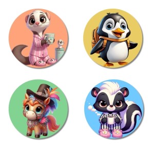 Possum, Penguin, Pony, and Skunk. Fridge Magnets 4 Piece Set | 3 Inch Round Wall Fridge Decor (F23024) Possum, Penguin, Pony, and Skunk. Fridge Magnets 4 Piece Set | 3 Inch Round Wall Fridge Decor (F23024)