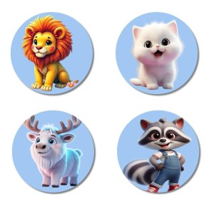 Lion, Kitten, Reindeer, Raccoon Fridge Magnets 4 Piece Set | 3 Inch Round Wall Fridge Decor (F23167)