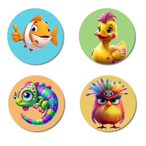 Fish, Duck, Chameleon, and Sparrow. Fridge Magnets 4 Piece Set | 3 Inch Round Wall Fridge Decor (F22903)