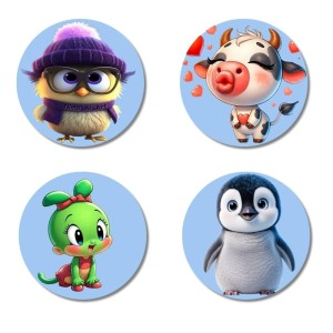 Bird, Cow, Mouse, and Penguin. Fridge Magnets 4 Piece Set | 3 Inch Round Wall Fridge Decor (F23062)
