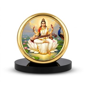 Car Desk/Table Top Goddess Saraswati Metal Golden Photo Stand 2x2 Inches, Compact & Stylish Spiritual Display for Car, Home & Office (Pack of 1) (F18572)