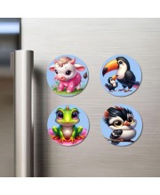 Cow, Toucan, Frog, and Bird. Fridge Magnets 4 Piece Set | 3 Inch Round Wall Fridge Decor (F23107)