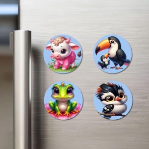 Cow, Toucan, Frog, and Bird. Fridge Magnets 4 Piece Set | 3 Inch Round Wall Fridge Decor (F23107)
