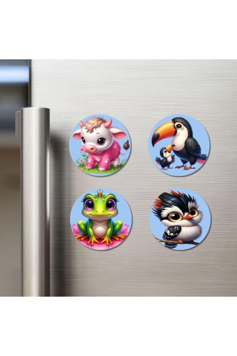 Cow, Toucan, Frog, and Bird. Fridge Magnets 4 Piece Set | 3 Inch Round Wall Fridge Decor (F23107)