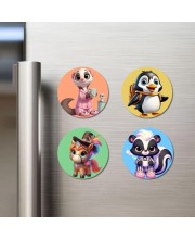 Possum, Penguin, Pony, and Skunk. Fridge Magnets 4 Piece Set | 3 Inch Round Wall Fridge Decor (F23024)