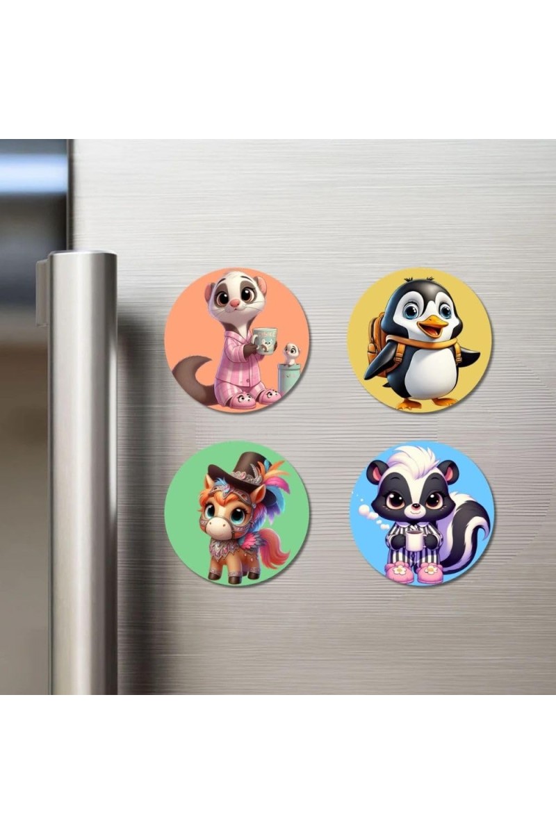 Possum, Penguin, Pony, and Skunk. Fridge Magnets 4 Piece Set | 3 Inch Round Wall Fridge Decor (F23024)