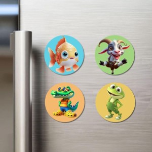 Goldfish, Goat, Crocodile, and Frog. Fridge Magnets 4 Piece Set | 3 Inch Round Wall Fridge Decor (F22858)