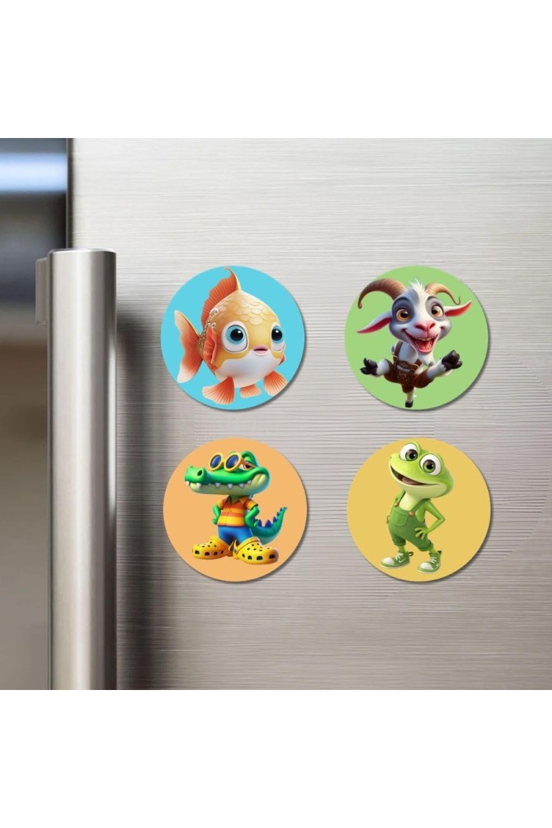 Goldfish, Goat, Crocodile, and Frog. Fridge Magnets 4 Piece Set | 3 Inch Round Wall Fridge Decor (F22858)