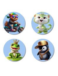 Biker Bear, Green Kitten, Frog Prince, Rapper Penguin Fridge Magnets 4 Piece Set | 3 Inch Round Wall Fridge Decor (F23162)